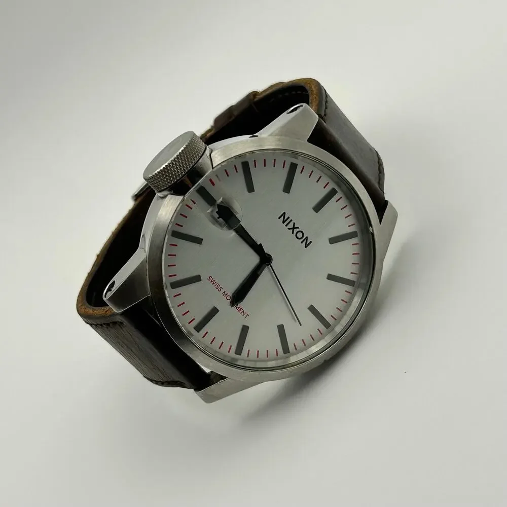 Nixon “The Chronicle” Lefty Mens Watch Silver Brown Leather Working New Battery
